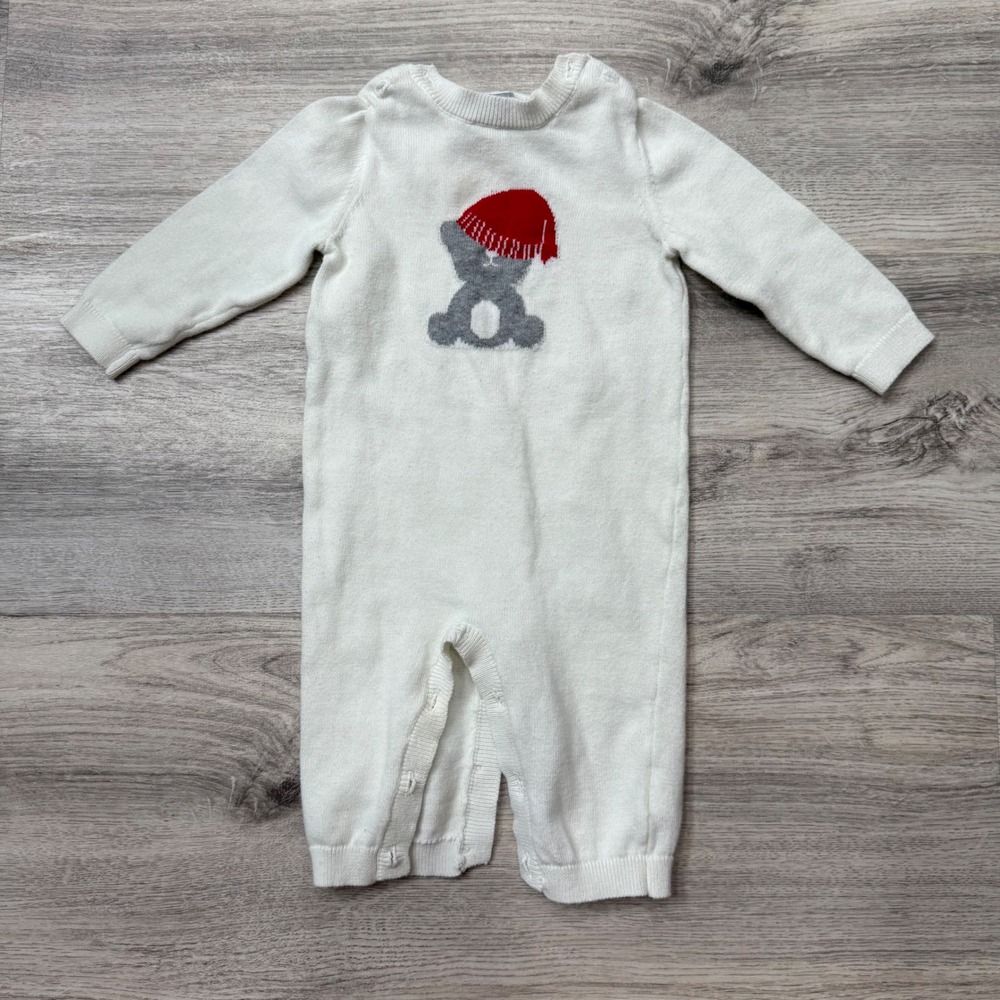 Tahari Baby White Bear Santa Hat Knit Romper Jumpsuit 3-6 Months